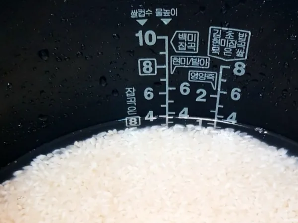 밥솥 내솥 안쪽의 백미 물 눈금